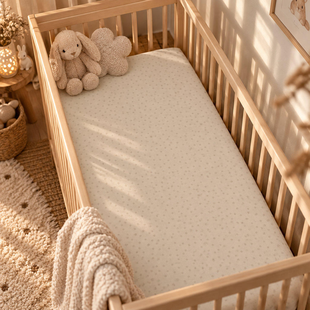 Beige Polka Dot Crib Sheet on a wooden crib mattress in a neutral nursery