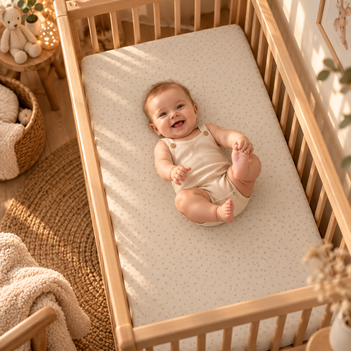 Smiling baby lying on the Beige Polka Dot Crib Sheet