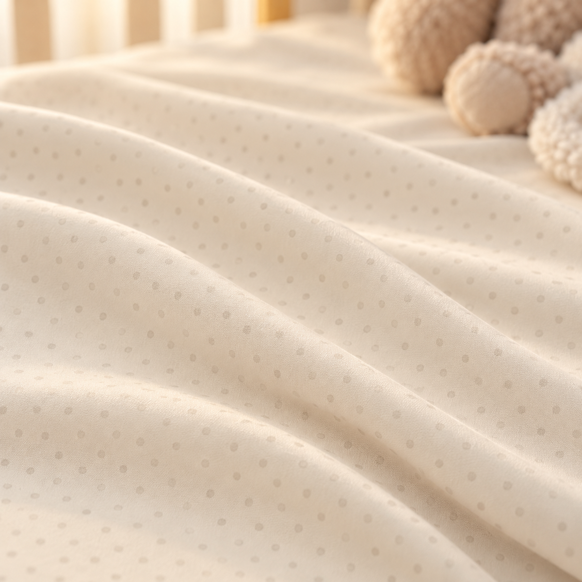 Close-up of the Beige Polka Dot Crib Sheet fabric showing small tonal dots on warm beige