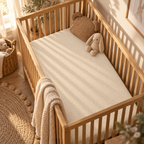 Beige Polka Dot Crib Sheet fitted in a wooden crib with a plush toy