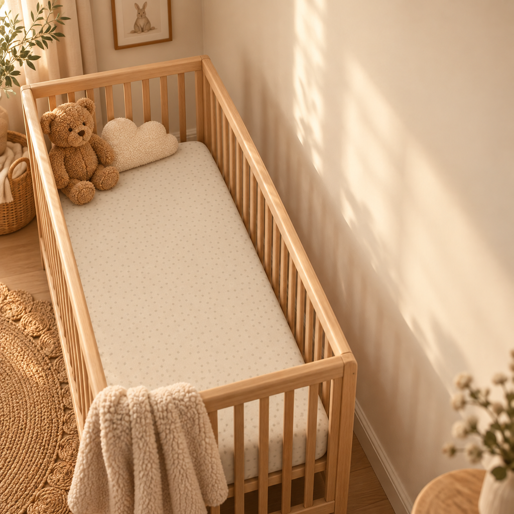 Beige Polka Dot Crib Sheet in a wooden crib in a sunlit nursery