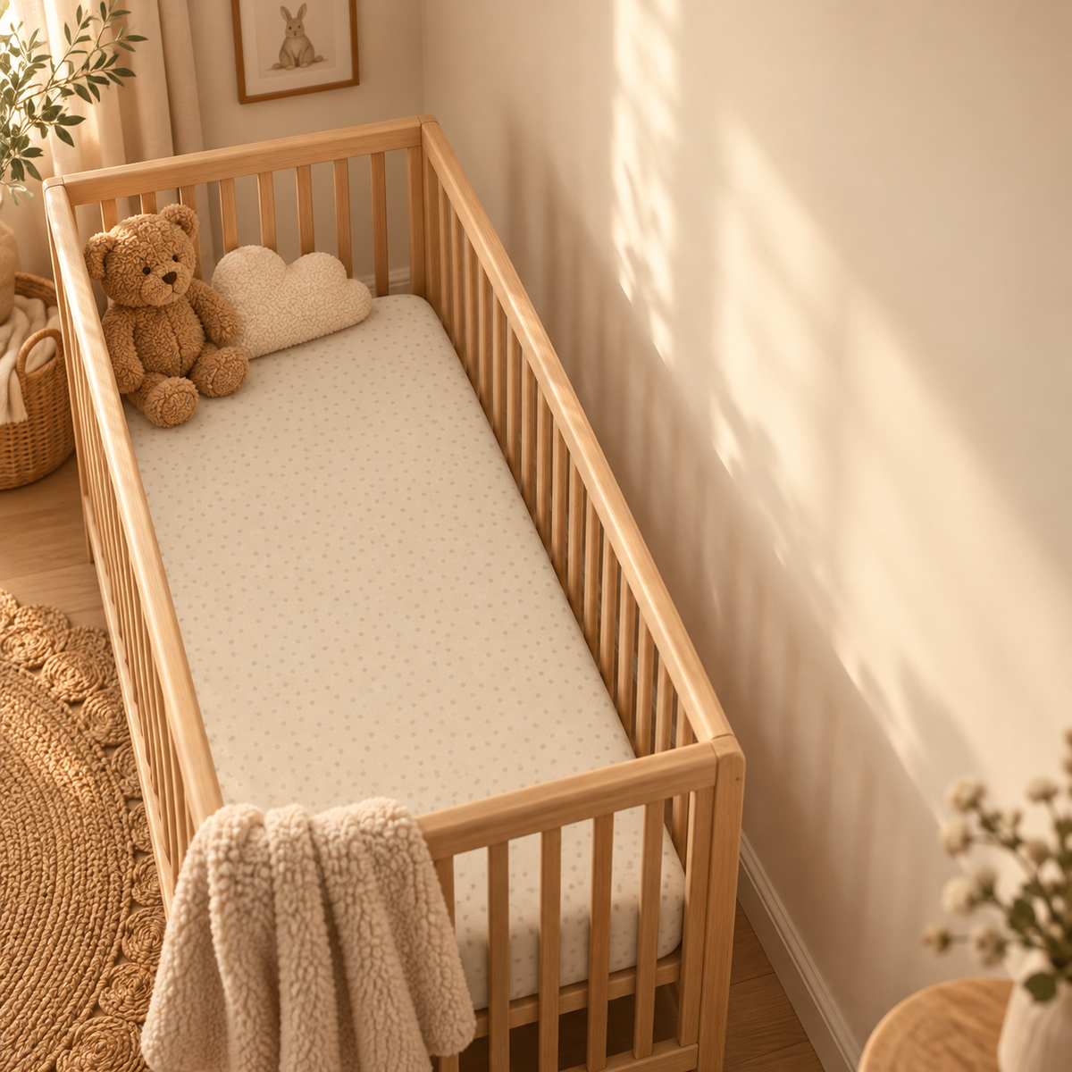 Beige Polka Dot Crib Sheet in a wooden crib in a sunlit nursery