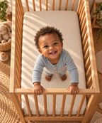 Toddler standing in a crib fitted with the Beige Polka Dot Crib Sheet