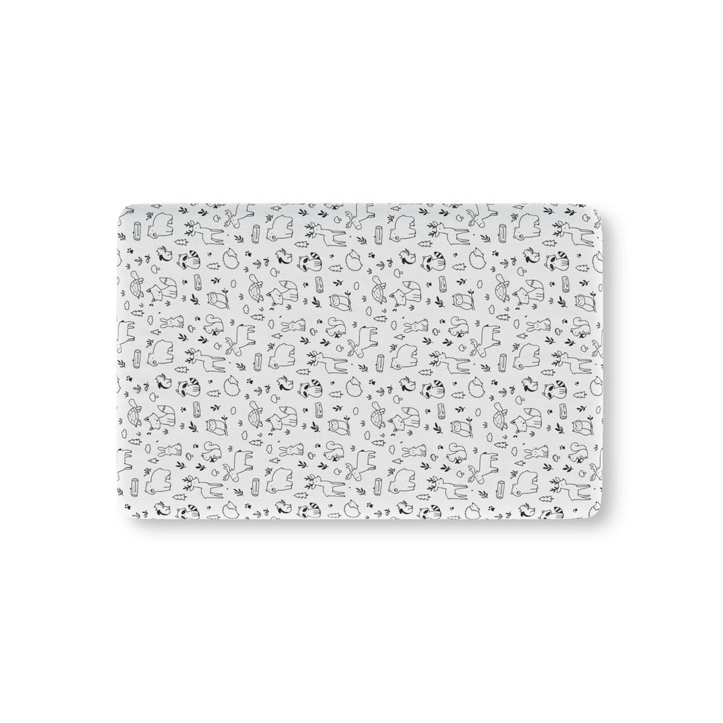 Black and White Woodland Crib Sheet laid flat in Mini size with line drawn forest animals in black on white