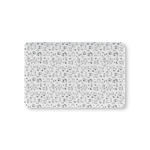 Black and White Woodland Crib Sheet laid flat in Mini size with line drawn forest animals in black on white