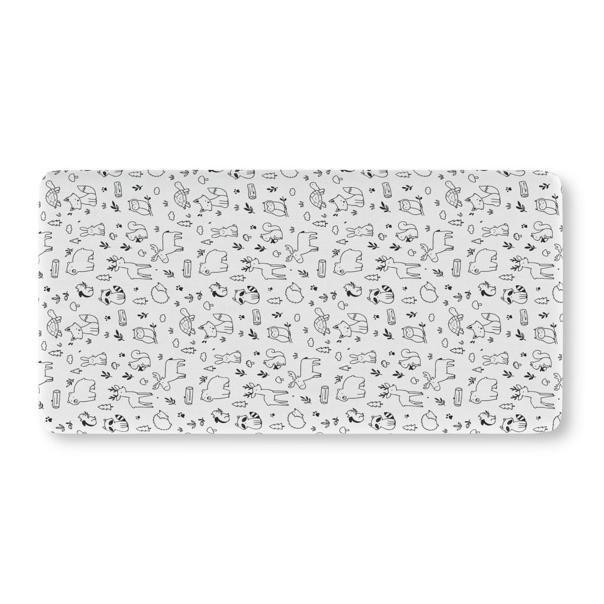 Black and White Woodland Crib Sheet laid flat in Standard size with line drawn forest animals in black on white