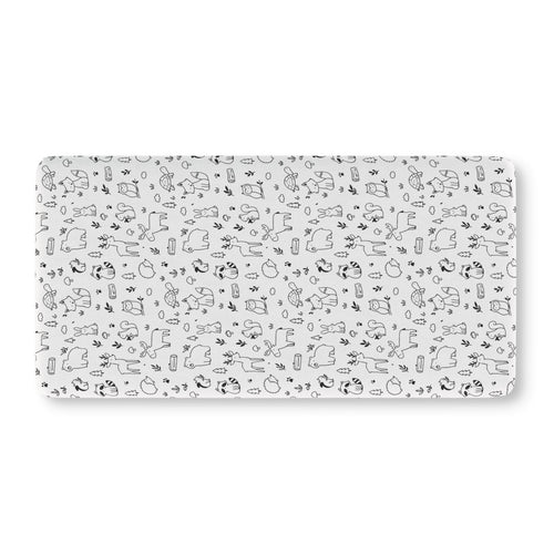Black and White Woodland Crib Sheet laid flat in Standard size with line drawn forest animals in black on white