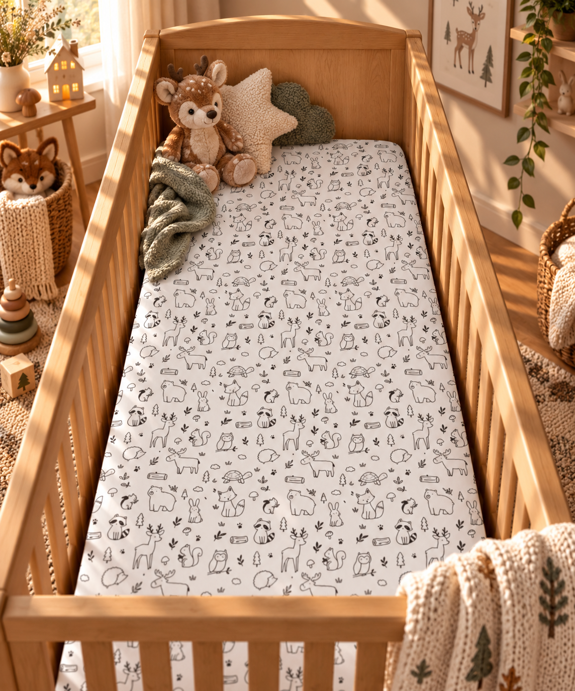 Black and White Woodland Crib Sheet on a wooden crib mattress in a woodland nursery