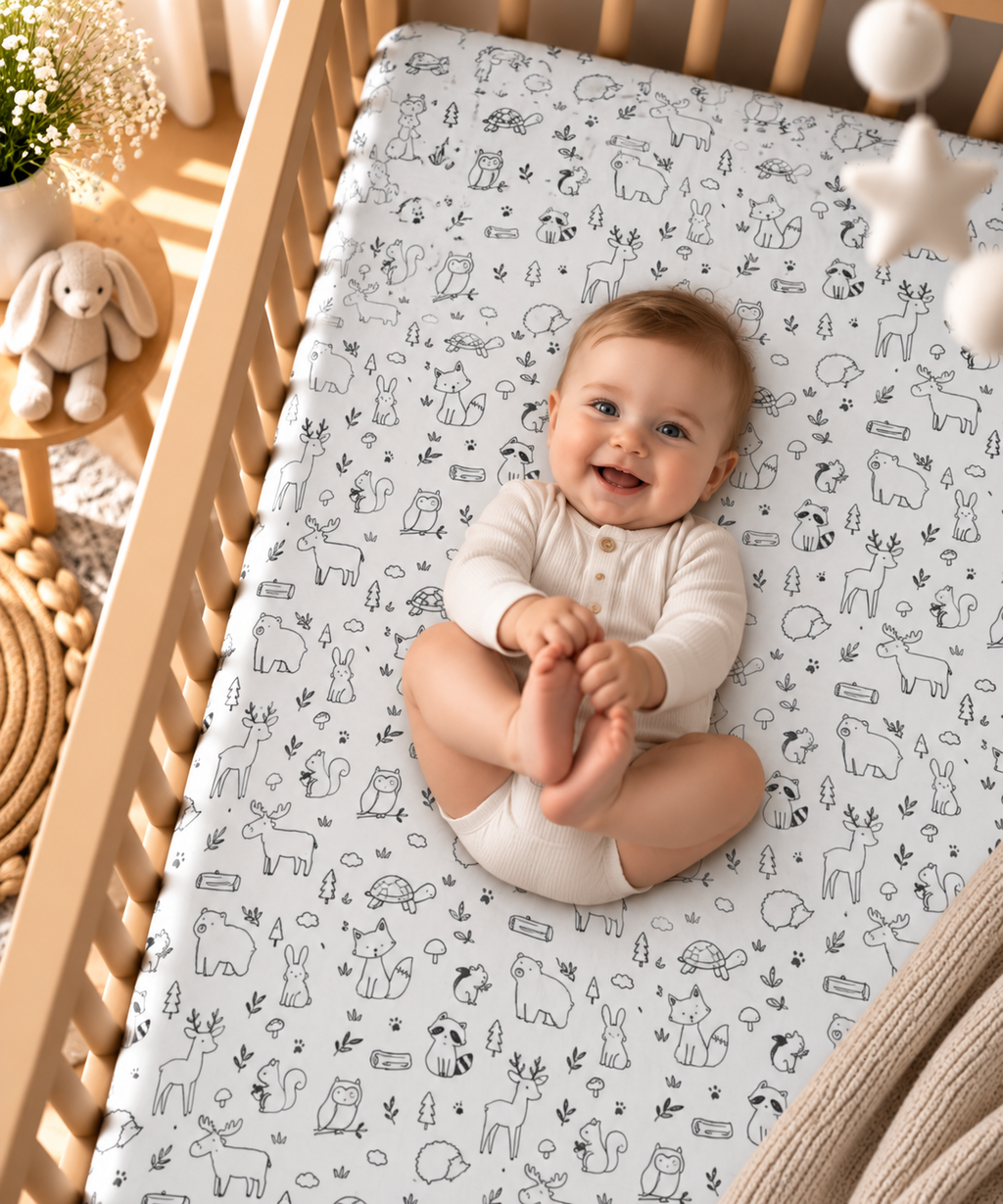 Smiling baby lying on the Black and White Woodland Crib Sheet