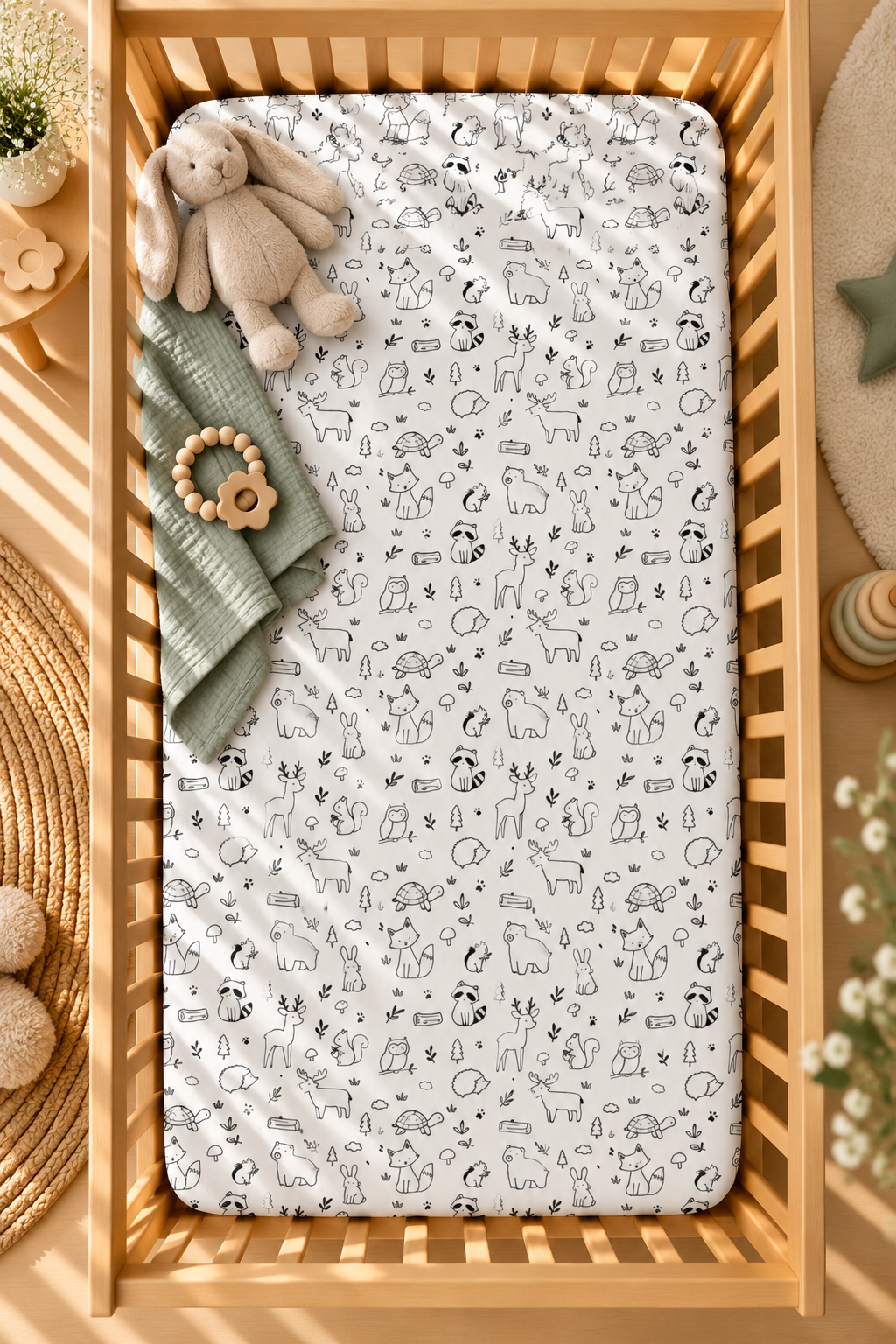 Black and White Woodland Crib Sheet seen from above in a wooden crib