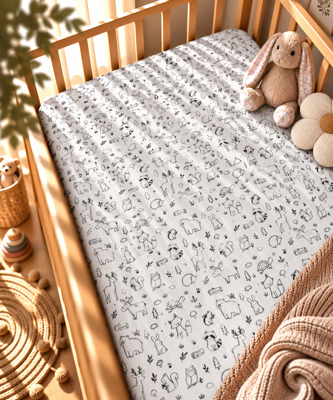 Black and White Woodland Crib Sheet fitted in a wooden crib with a plush toy