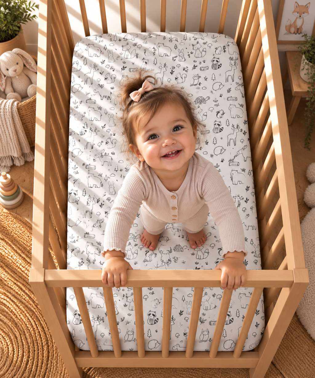 Toddler standing in a crib fitted with the Black and White Woodland Crib Sheet