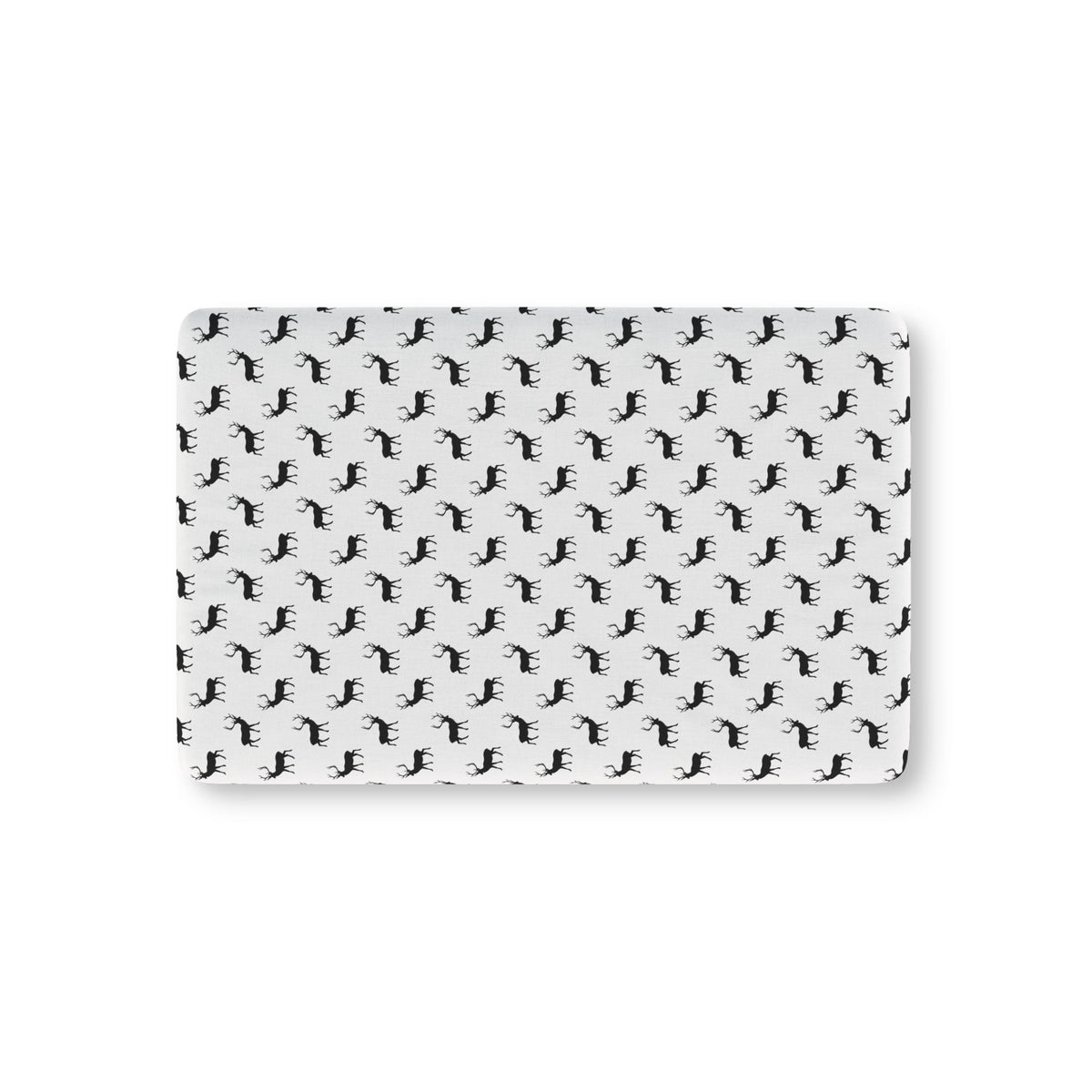 Black Reindeer Crib Sheet laid flat in Mini size with black reindeer silhouettes on white