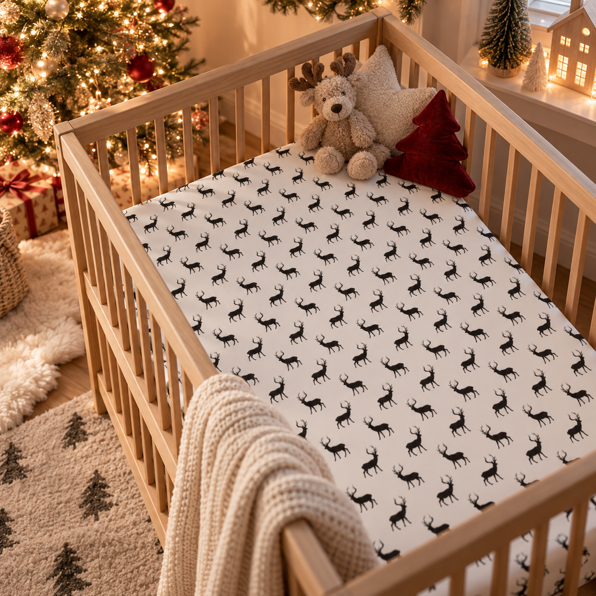 Black Reindeer Crib Sheet on a wooden crib mattress in a Christmas nursery