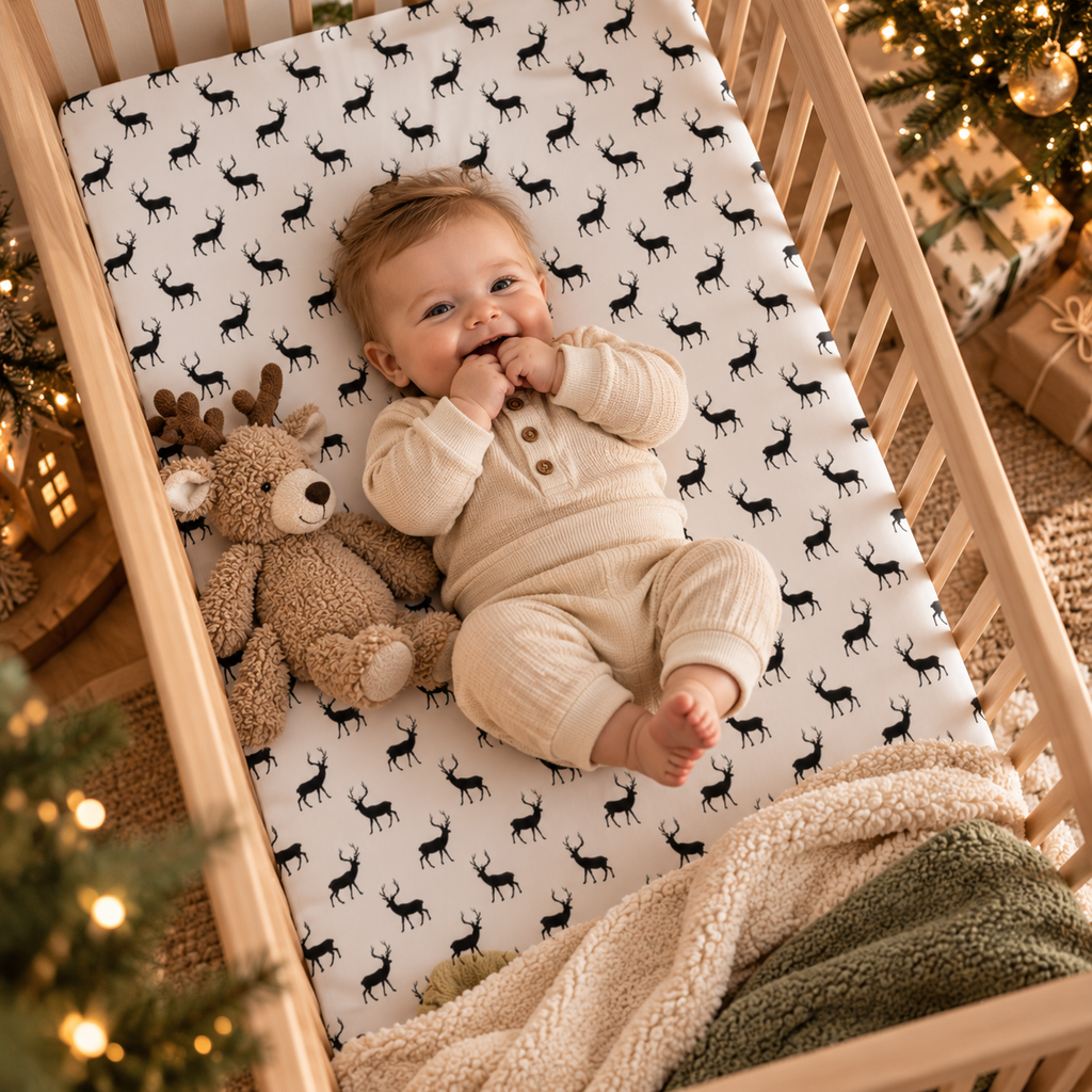 Baby lying on the Black Reindeer Crib Sheet