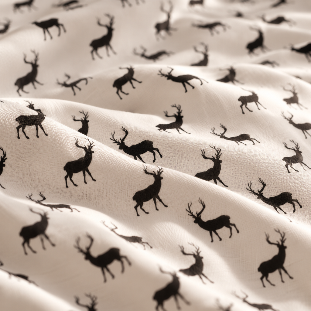 Close-up of the Black Reindeer Crib Sheet fabric showing black reindeer silhouettes on white