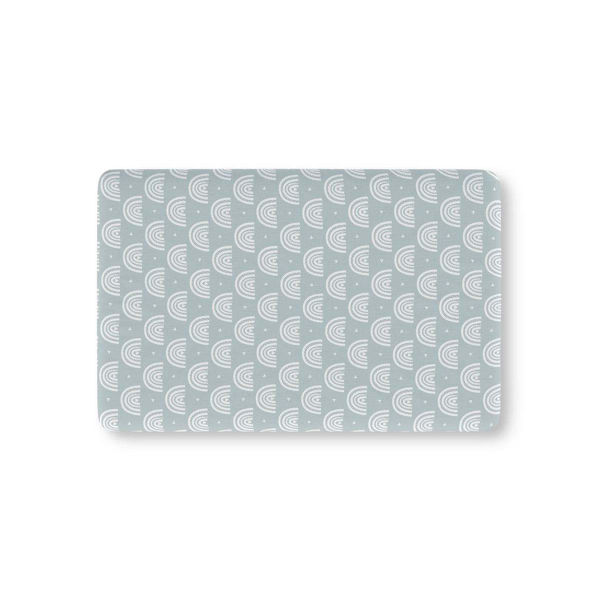 Blue Boho Rainbow Crib Sheet laid flat in Mini size with white rainbow arches on dusty blue