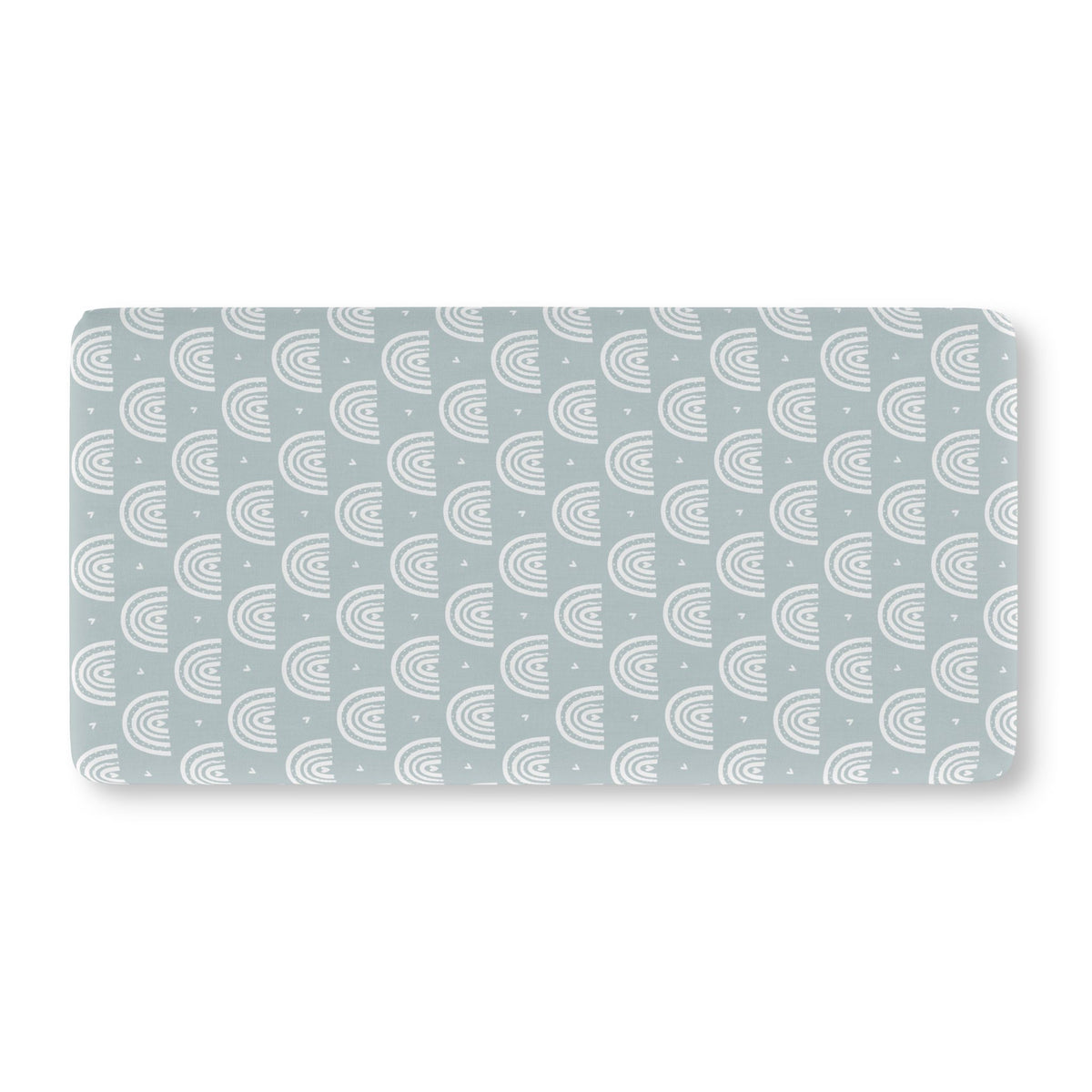 Blue Boho Rainbow Crib Sheet laid flat in Standard size with white rainbow arches on dusty blue