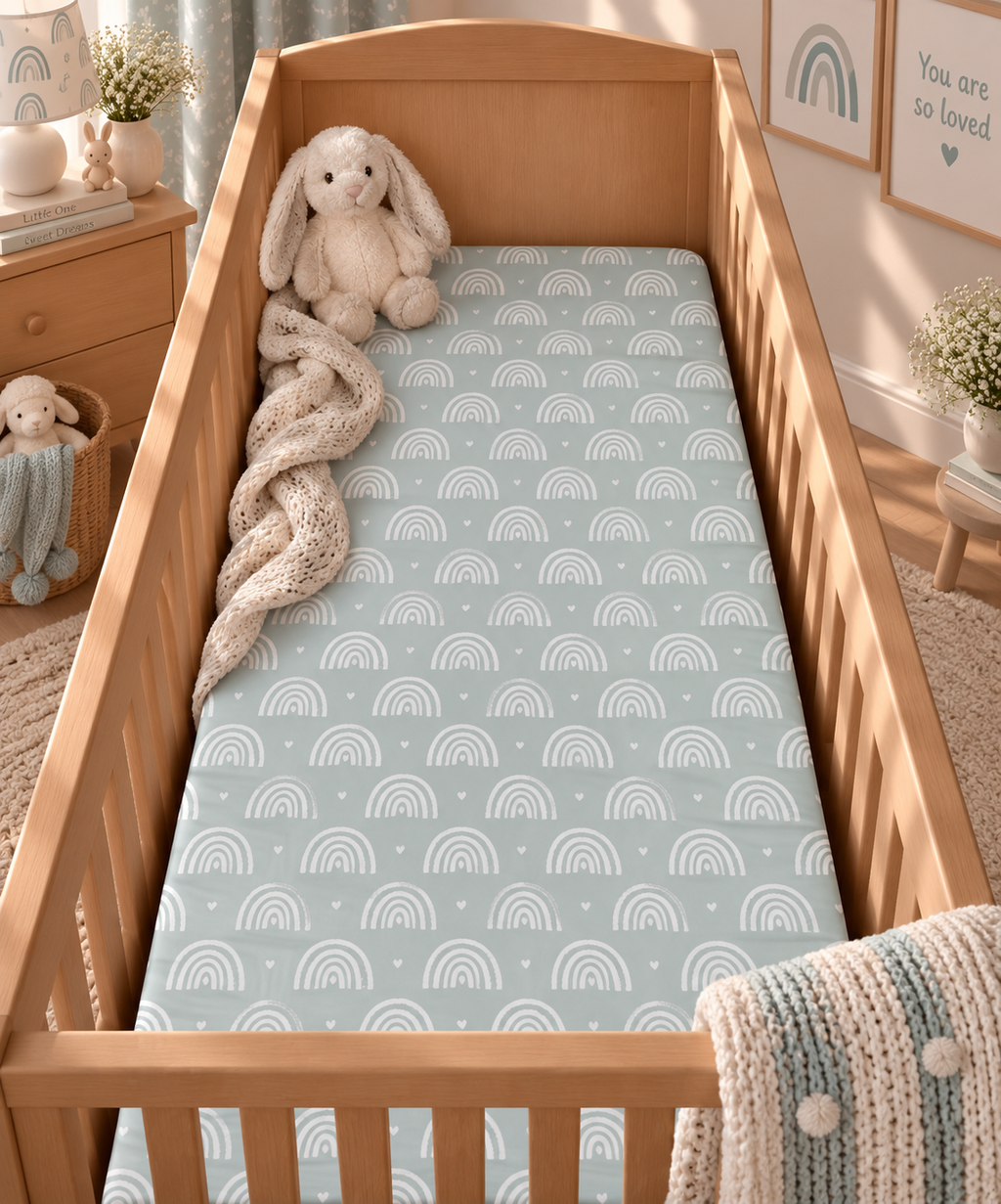 Blue Boho Rainbow Crib Sheet on a wooden crib mattress in a baby boy nursery