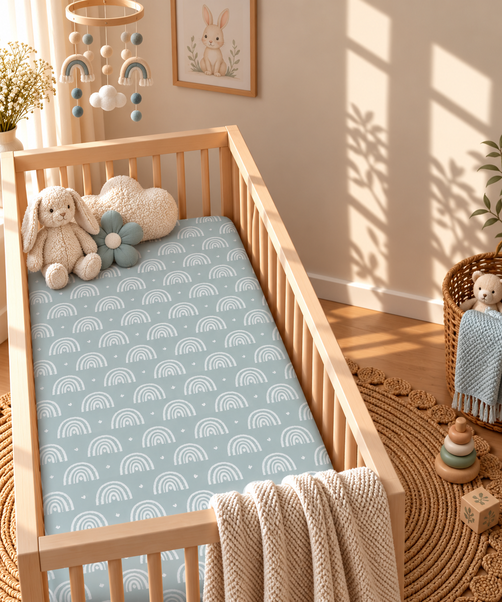 Blue Boho Rainbow Crib Sheet in a wooden crib in a sunlit nursery
