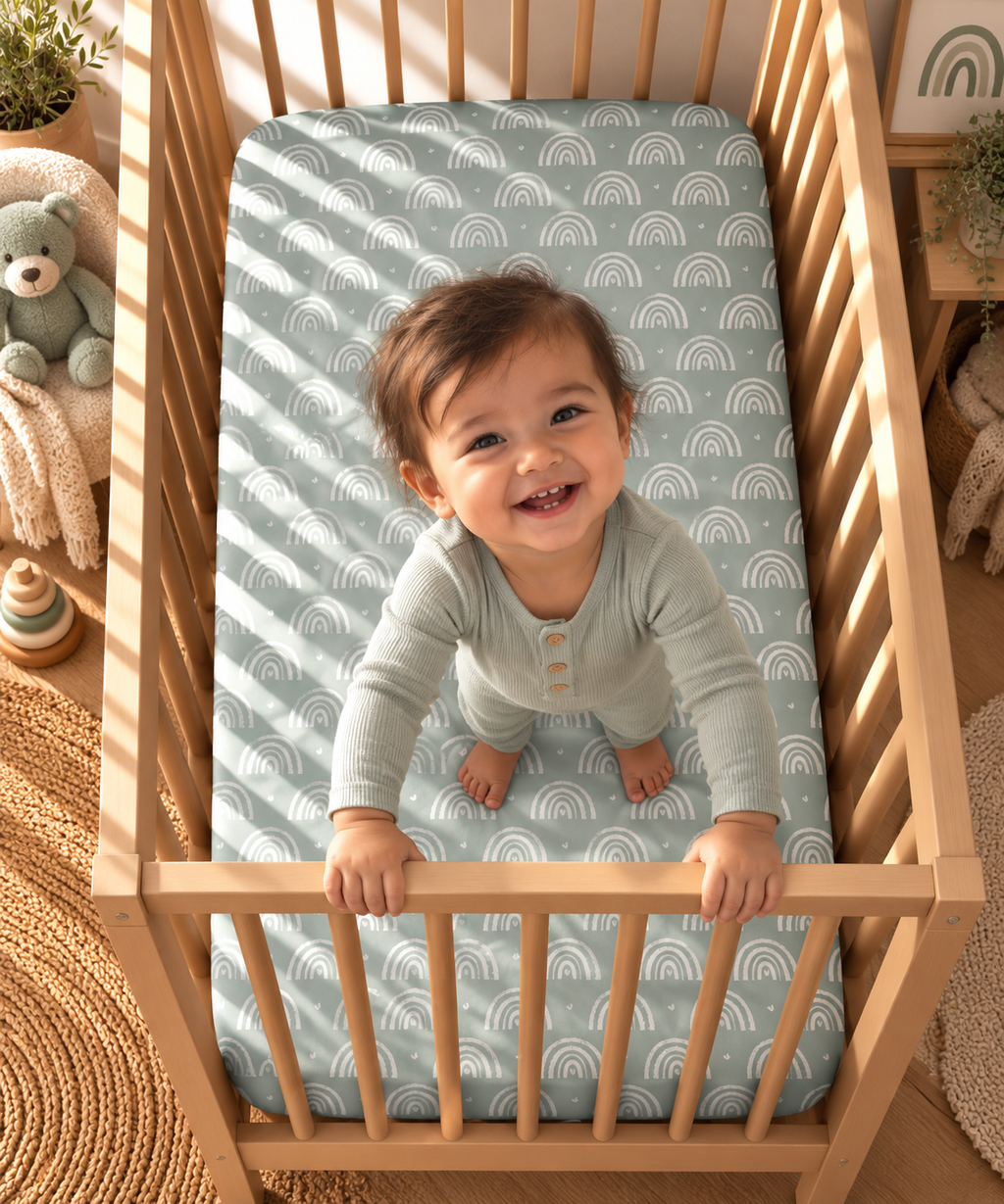 Toddler standing in a crib fitted with the Blue Boho Rainbow Crib Sheet