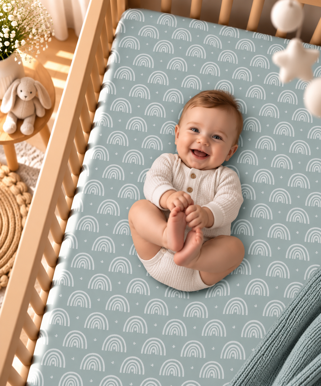 Smiling baby lying on the Blue Boho Rainbow Crib Sheet