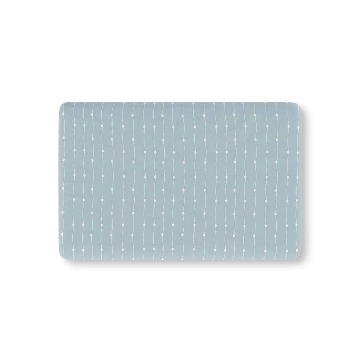 Blue Heart Stripe Crib Sheet laid flat in Mini size with wavy white lines and tiny hearts on dusty blue