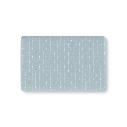 Blue Heart Stripe Crib Sheet laid flat in Mini size with wavy white lines and tiny hearts on dusty blue