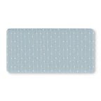 Blue Heart Stripe Crib Sheet laid flat in Standard size with wavy white lines and tiny hearts on dusty blue