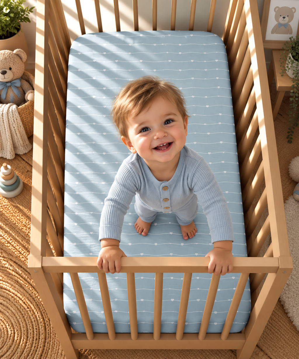 Toddler standing in a crib fitted with the Blue Heart Stripe Crib Sheet
