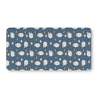 Blue Sheep Crib Sheet laid flat in Standard size with white woolly sheep and tan clouds on dusty blue