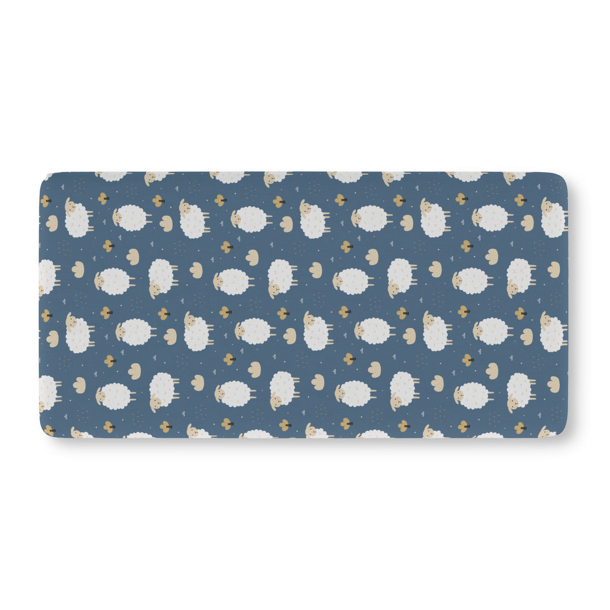 Blue Sheep Crib Sheet laid flat in Standard size with white woolly sheep and tan clouds on dusty blue