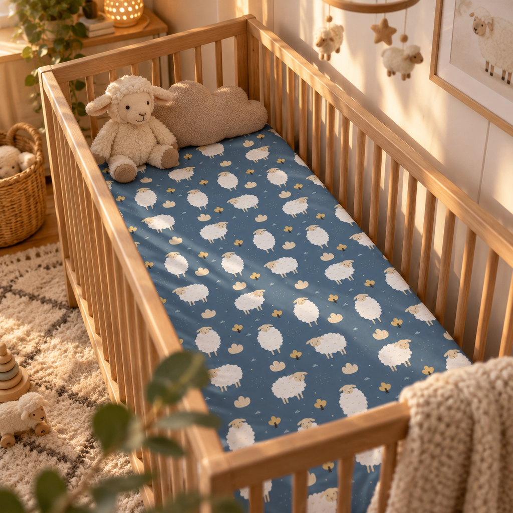 Blue Sheep Crib Sheet on a wooden crib mattress in a farm nursery