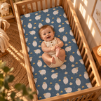 Smiling baby lying on the Blue Sheep Crib Sheet