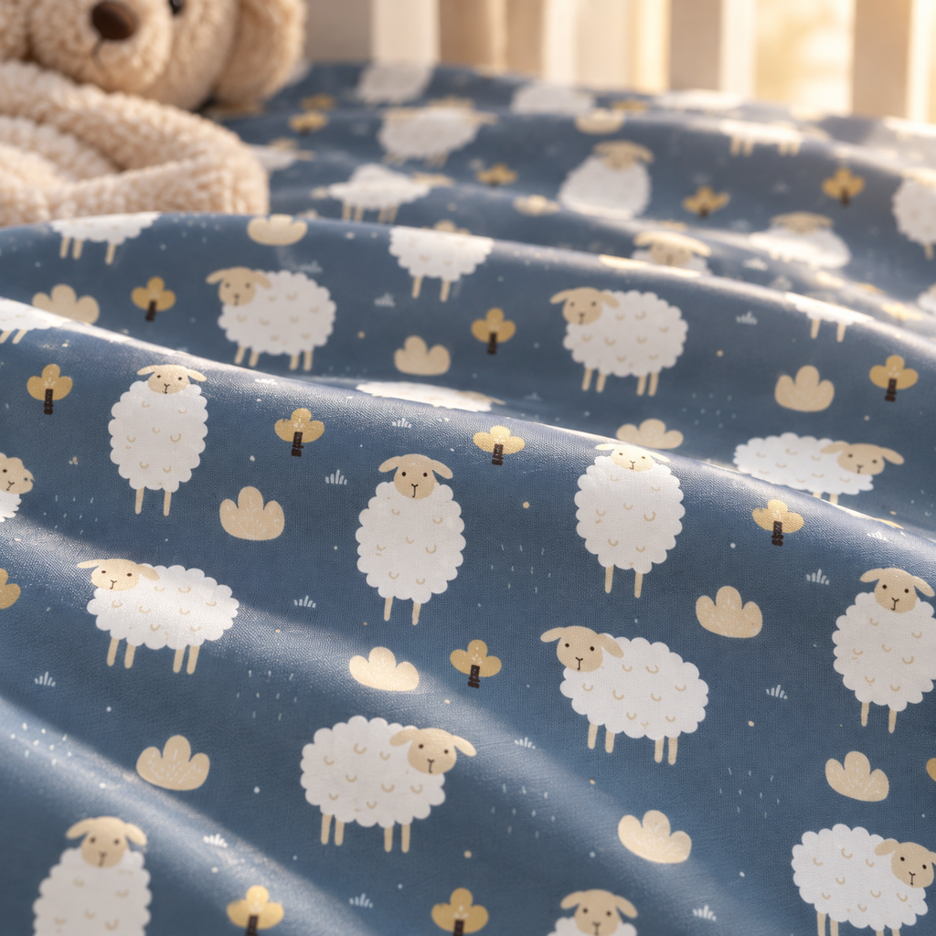 Close-up of the Blue Sheep Crib Sheet fabric showing white woolly sheep and tan clouds on dusty blue