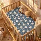 Blue Sheep Crib Sheet fitted in a wooden crib with a plush toy