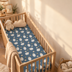 Blue Sheep Crib Sheet in a wooden crib in a sunlit nursery