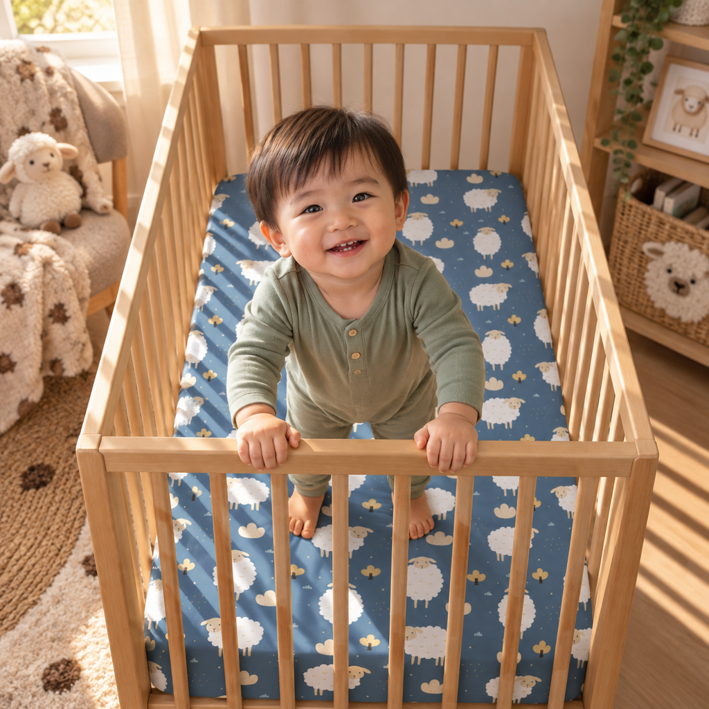 Toddler standing in a crib fitted with the Blue Sheep Crib Sheet