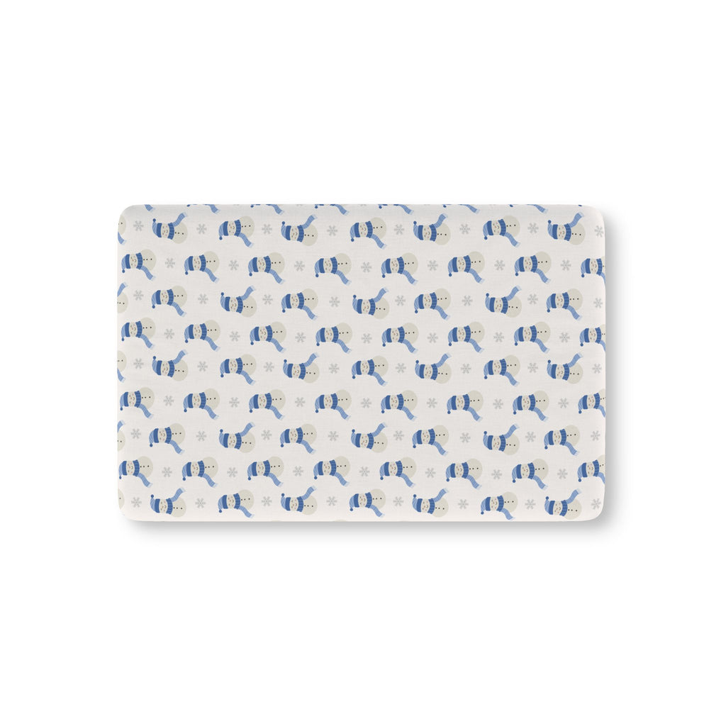 Blue Snowman Crib Sheet laid flat in Mini size with snowmen in blue hats and scarves on ivory