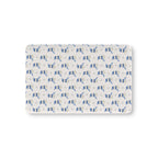 Blue Snowman Crib Sheet laid flat in Mini size with snowmen in blue hats and scarves on ivory