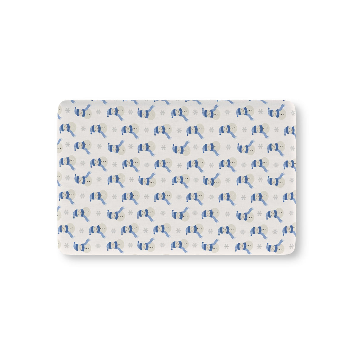 Blue Snowman Crib Sheet laid flat in Mini size with snowmen in blue hats and scarves on ivory