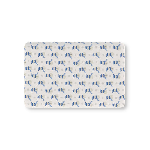 Blue Snowman Crib Sheet laid flat in Mini size with snowmen in blue hats and scarves on ivory