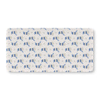 Blue Snowman Crib Sheet laid flat in Standard size with snowmen in blue hats and scarves on ivory