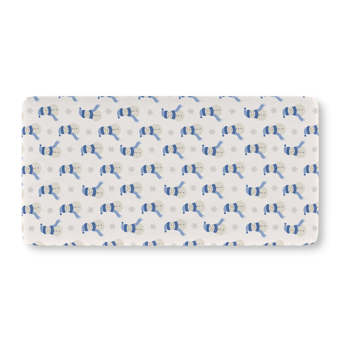 Blue Snowman Crib Sheet laid flat in Standard size with snowmen in blue hats and scarves on ivory