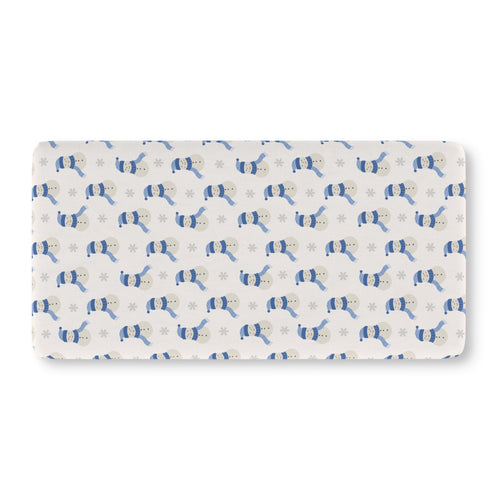 Blue Snowman Crib Sheet laid flat in Standard size with snowmen in blue hats and scarves on ivory