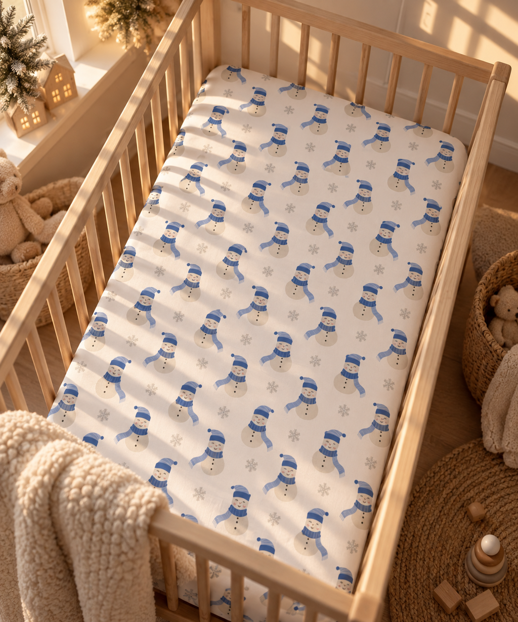 Blue Snowman Crib Sheet fitted in a wooden crib with a knit blanket over the rail