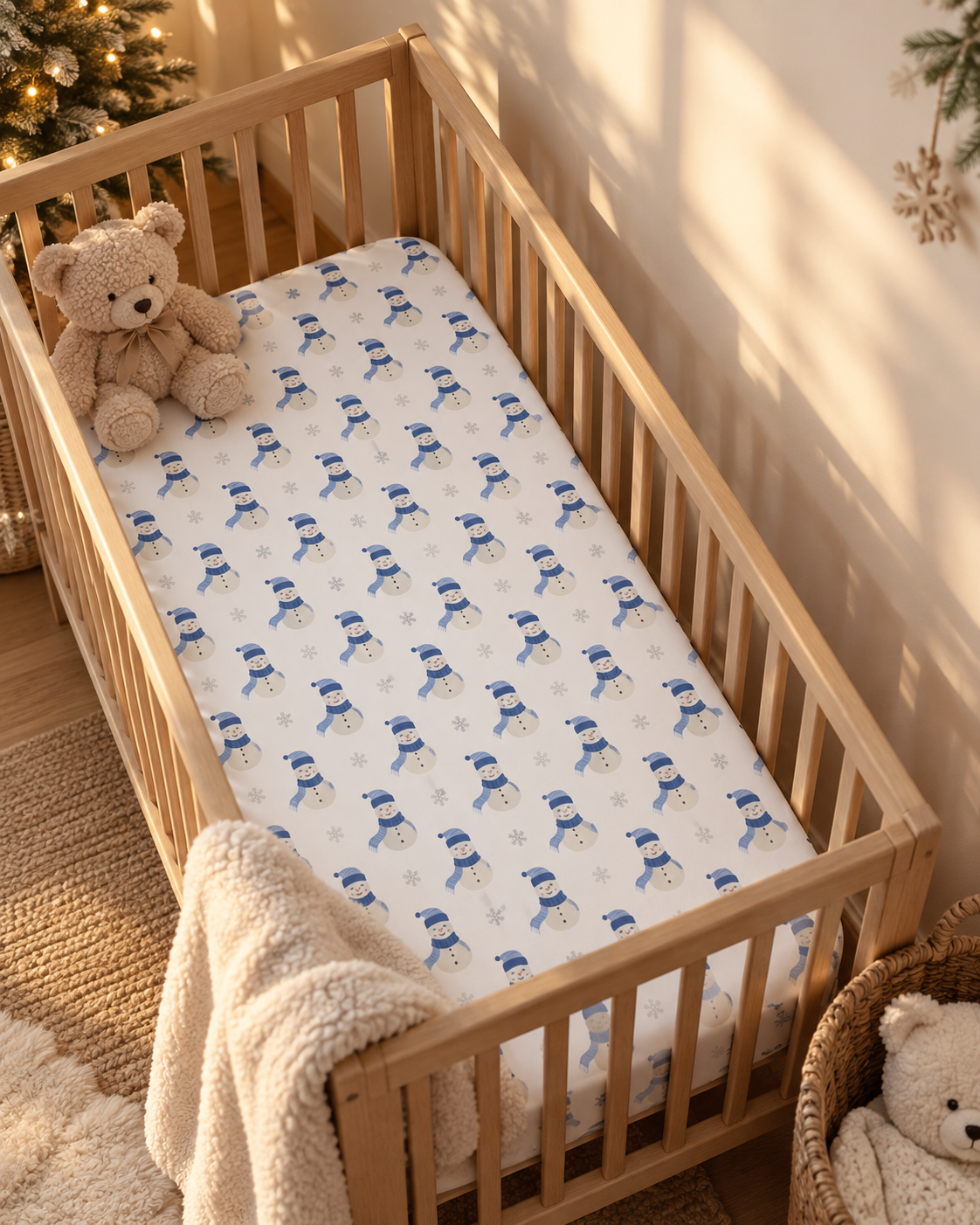 Blue Snowman Crib Sheet in a wooden crib in a sunlit nursery