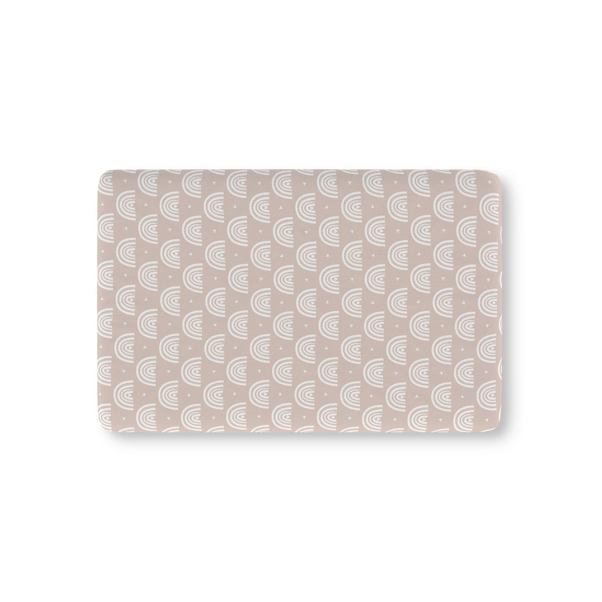 Blush Boho Rainbow Crib Sheet laid flat in Mini size with white rainbow arches on blush
