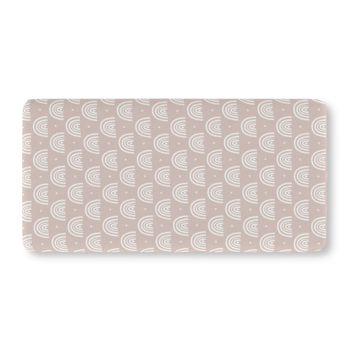 Blush Boho Rainbow Crib Sheet laid flat in Standard size with white rainbow arches on blush
