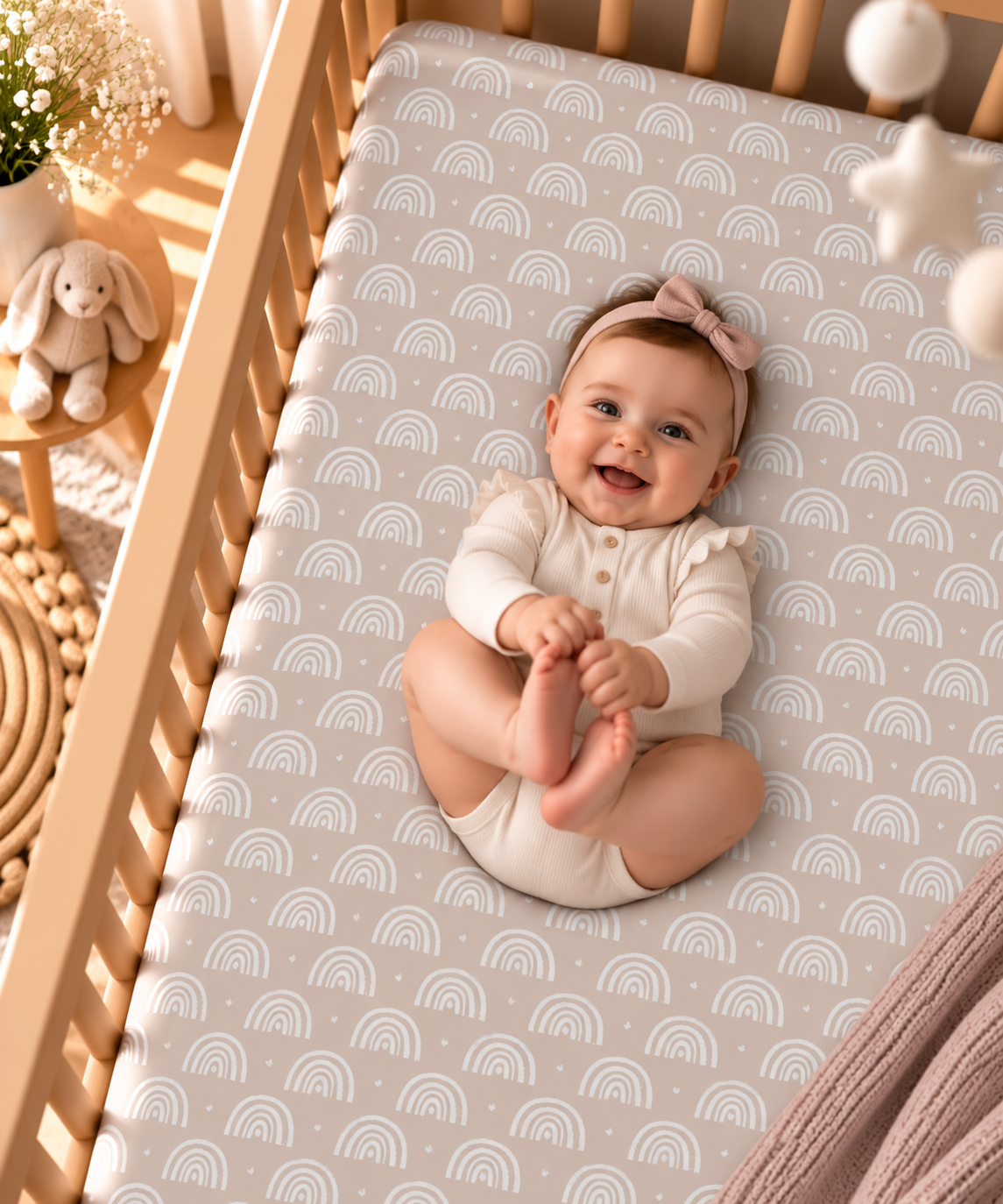 Smiling baby lying on the Blush Boho Rainbow Crib Sheet